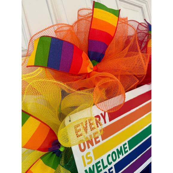 Everyone is Welcome Here Rainbow Pride Flag LGBTQ Sign Mesh Ribbon Wreath - Picture 7 of 8